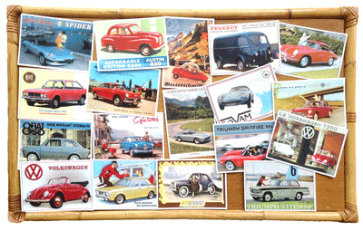Lot de 18 cartes postales RÉCLAMES AUTOMOBILES RÉTROS 50-70 - 10 x 15 cm